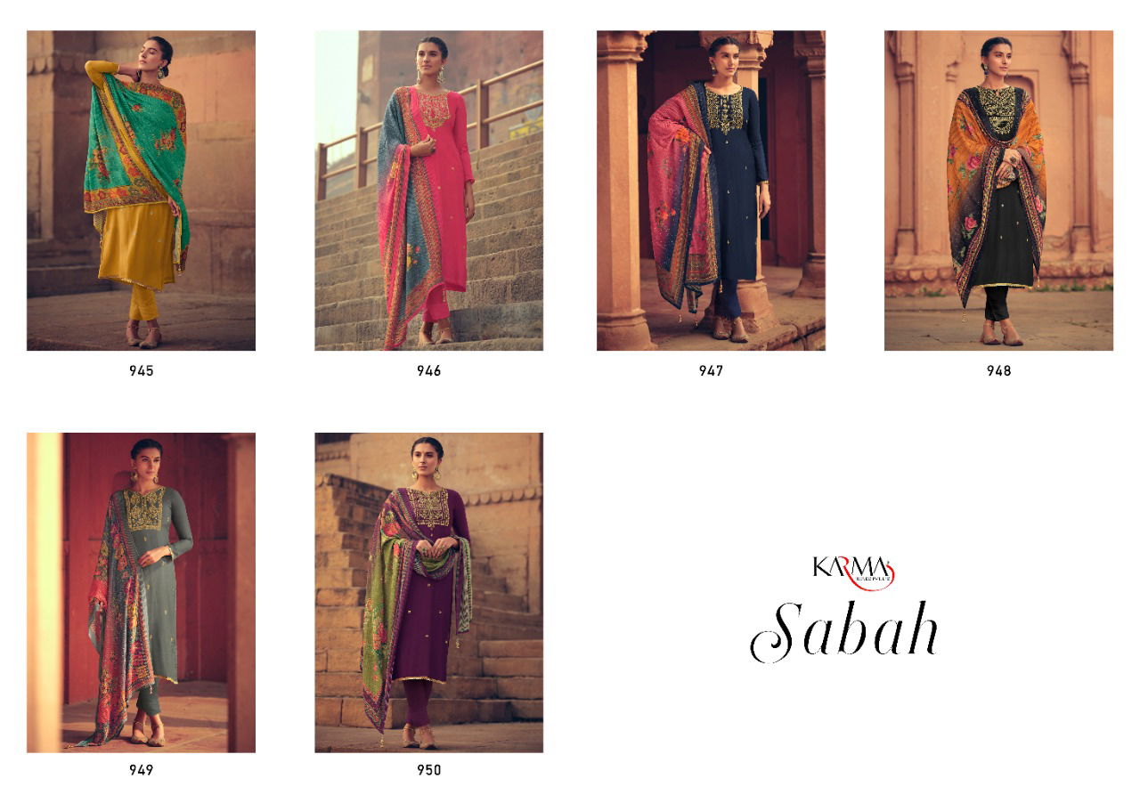 Karma Sabah 945 Muslin Embroidery Top With Pure Brazilian Silk Embroidery  Digital Print Dupatta Salwar Suits Collection